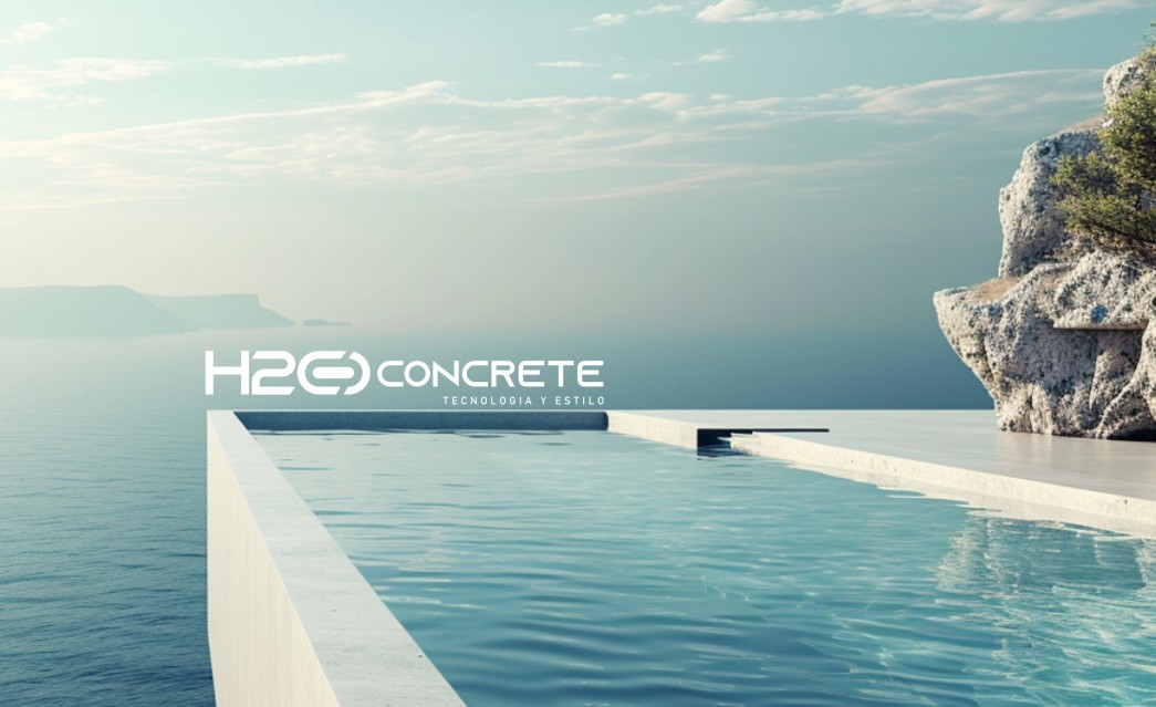 Photo of an infinity pool with logo of H2O Concrete